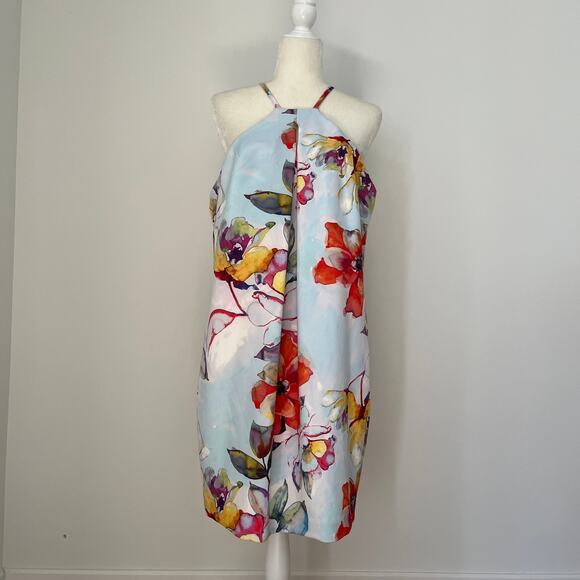 Trina Turk Blue Watercolor Floral Pinch Neck Halter Sleeveless Dress sz 12 - Picture 3 of 9